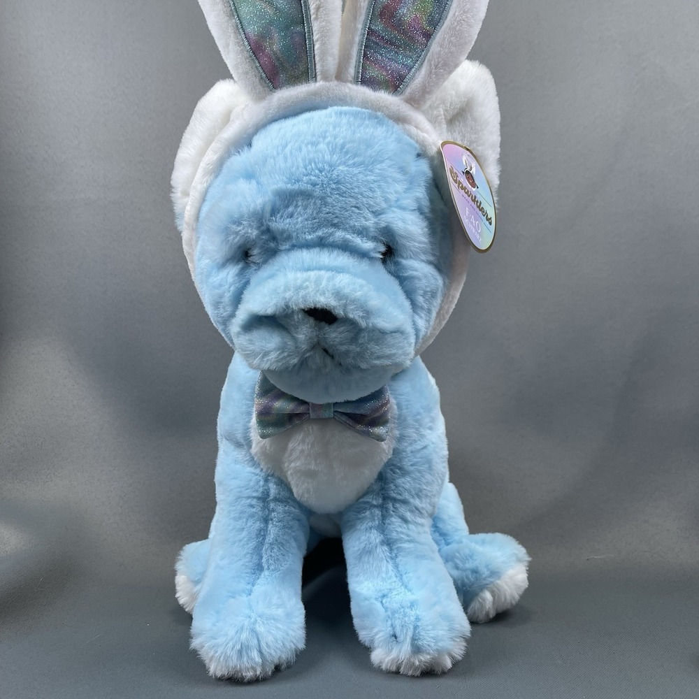 FAO Schwarz Plush Blue Bulldog Puppy Dog Sparklers Bow Easter Bunny Ears 16" NWT